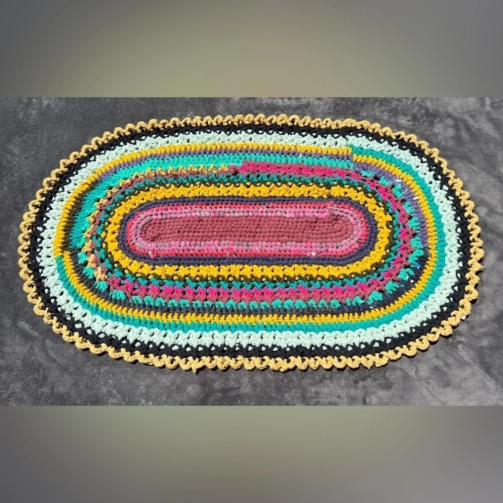 HANDMADE crochet upcycled recycled bohemian multicolor mat Sz 35